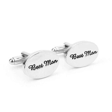 Best Man oval cufflinks, silver-tone with black script lettering and hinged back