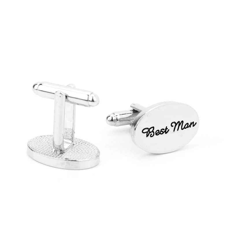 Best Man cufflinks with textured oval bases and silver bar cuff link back