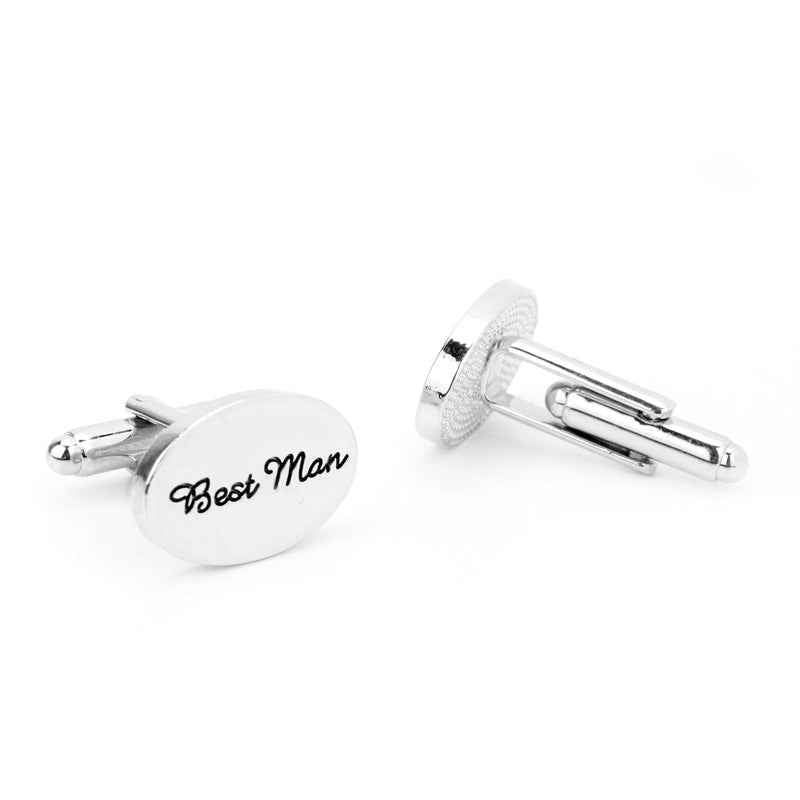 Best Man cufflinks, oval face with black script, showing the bar fastening