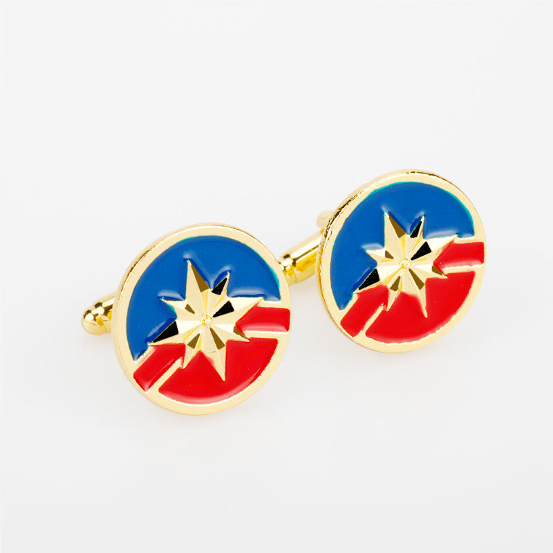 Captain Marvel-Logo Manschettenknöpfe, vergoldet, rundes Paar mit blau-rot Stern