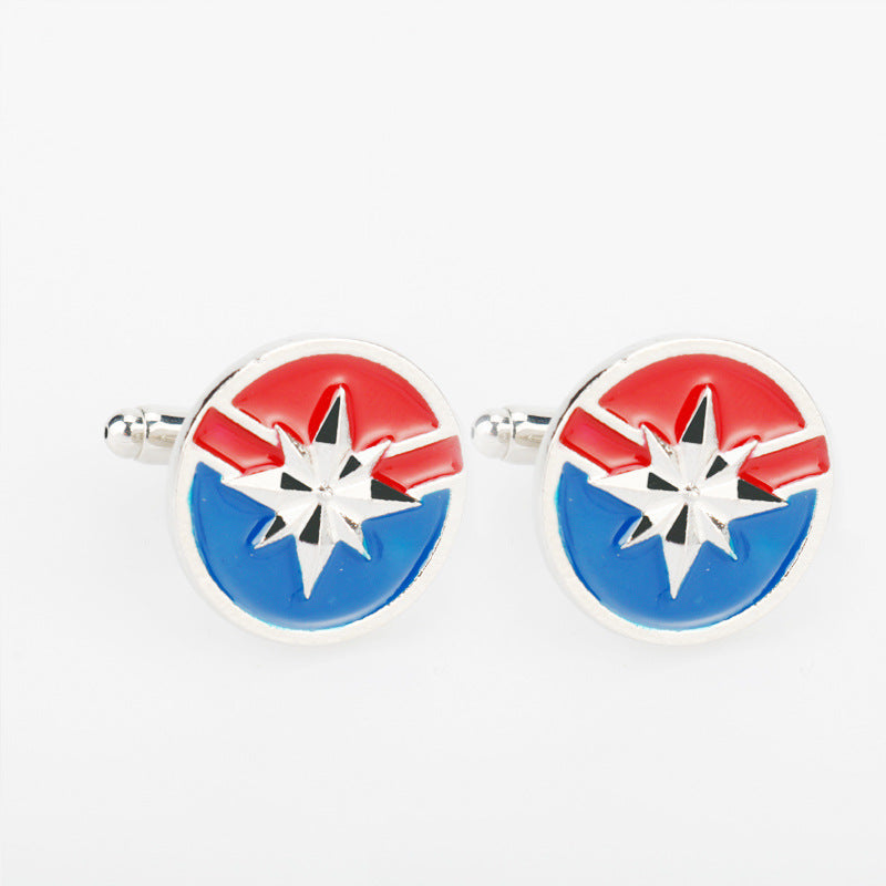 Captain Marvel-Logo Manschettenknöpfe, silberfarben, rundes Paar mit blau-rot Stern