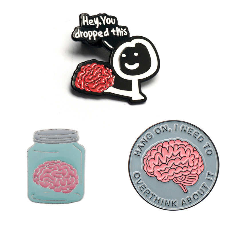 Brain brooch pin set: 'Hey You dropped this', jar brain, 'Hang on' badge