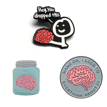 Brain brooch pin set: 'Hey You dropped this', jar brain, 'Hang on' badge