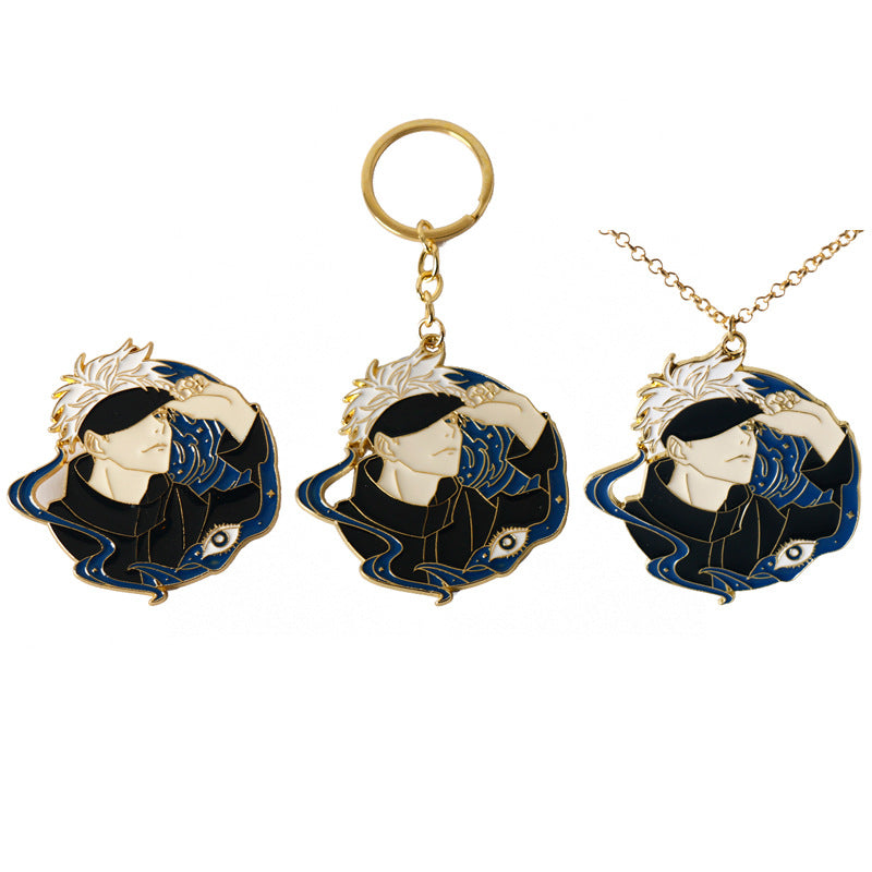 3er Pack Metallbrosche-Keyring mit blauen Figurenmotiven und goldfarbenem Ring