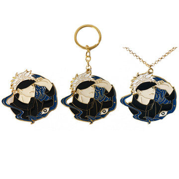 3er Pack Metallbrosche-Keyring mit blauen Figurenmotiven und goldfarbenem Ring