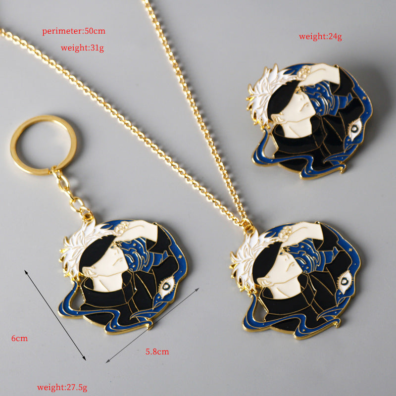 Metallanhänger mit goldfarbener Kette und Schlüsselring, blauweißer Figuren-Aufdruck (3er Set)