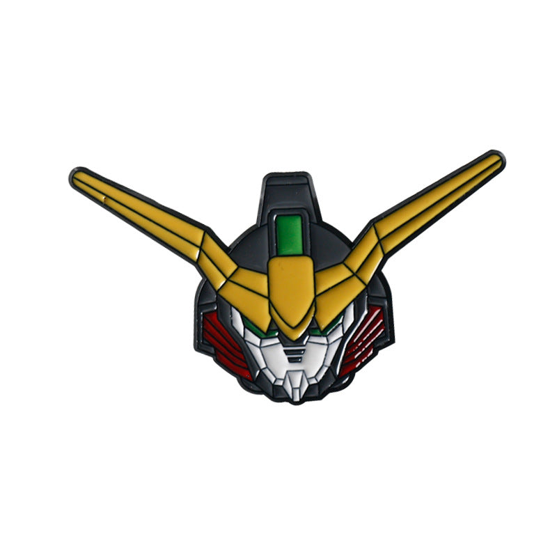 Yellow Gundam metal badge brooch head with green visor and red side details