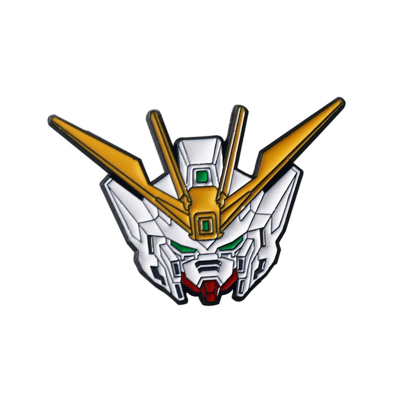 White and gold Gundam metal badge brooch head with green visor squares