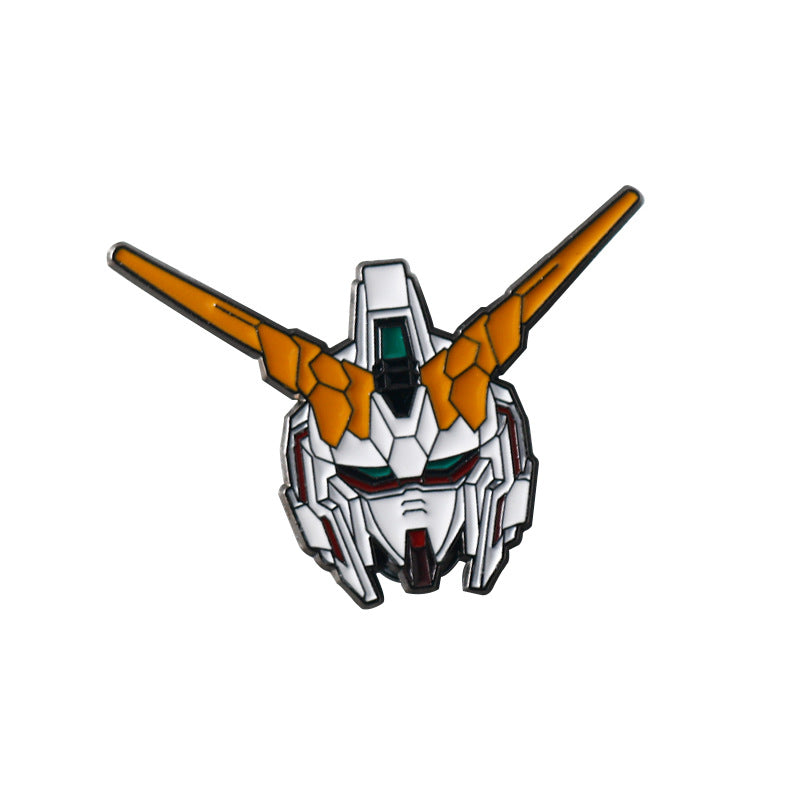 Orange and white Gundam metal badge brooch head with spread antennae