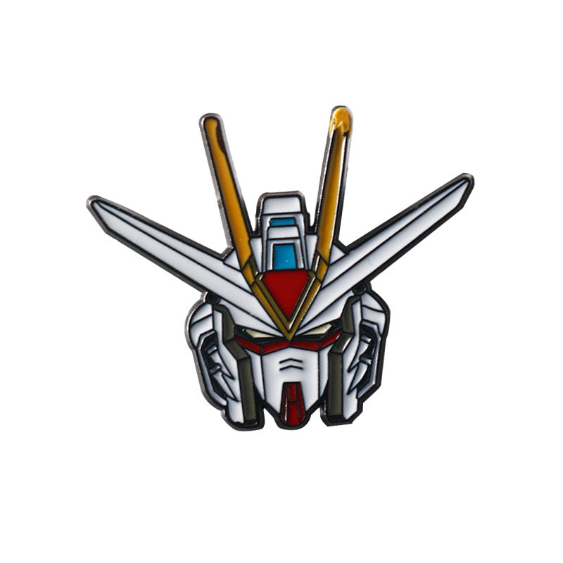White Gundam metal badge brooch head with red chest panel and gold side fins