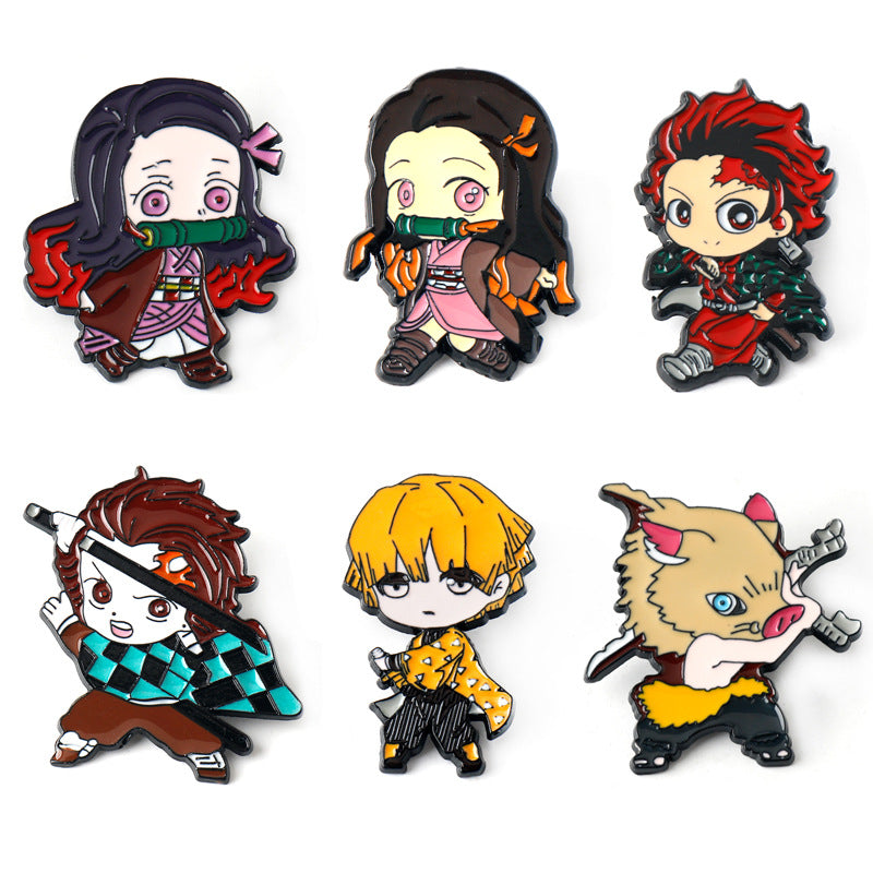 Demon Slayer metal brooch pin set: six enamel character designs with hinged backs