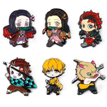 Demon Slayer metal brooch pin set: six enamel character designs with hinged backs