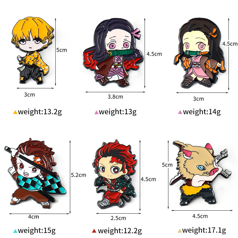 Demon Slayer metal brooch pin set with six character designs and size markings