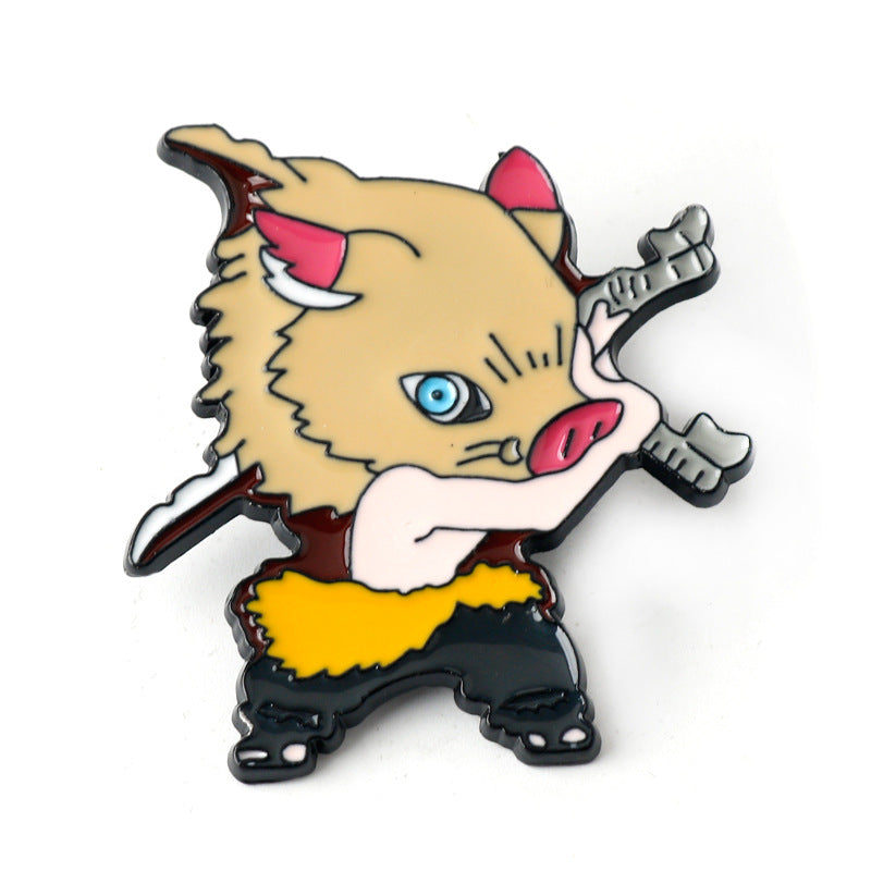 Yellow animal-themed character metal brooch pin with pink ears, sword and yellow skirt