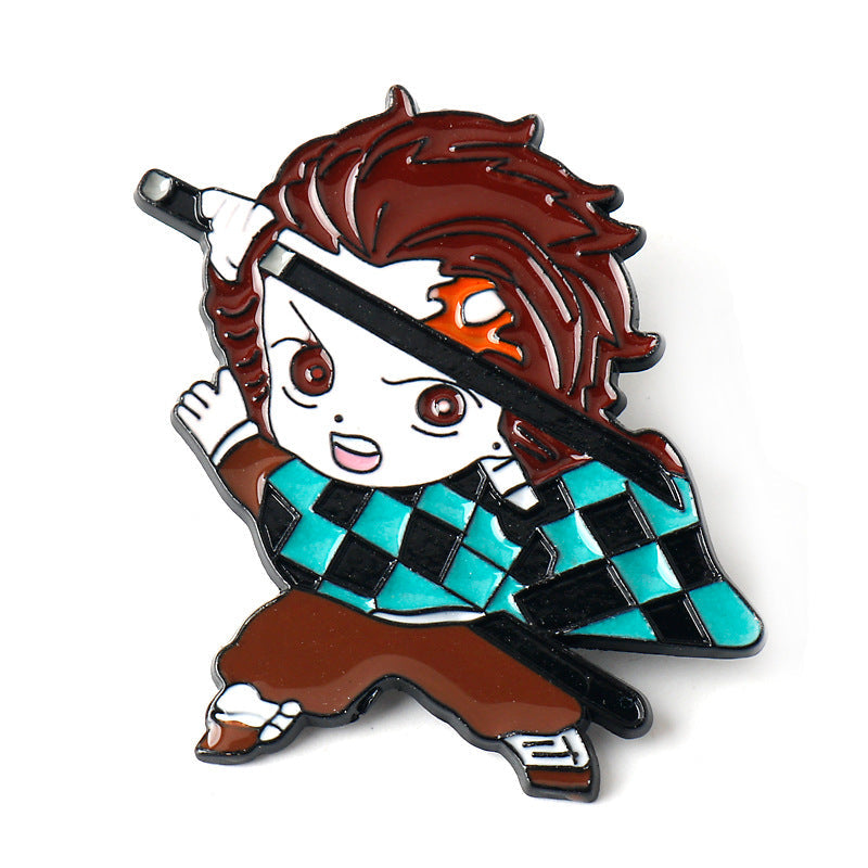 Brown-haired character metal brooch pin with teal checkered haori and sword