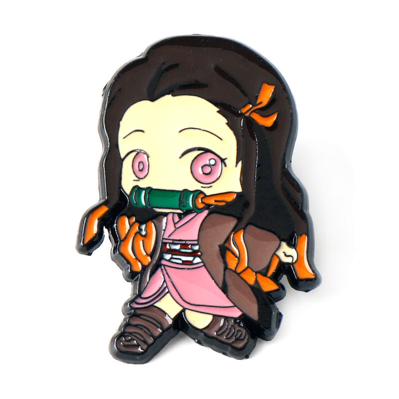 Dark-haired girl metal brooch pin with green neck scarf and pink eyes