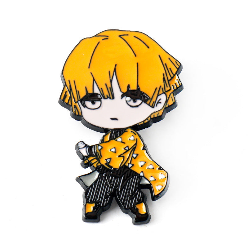 Blonde character metal brooch pin holding an orange patterned charm