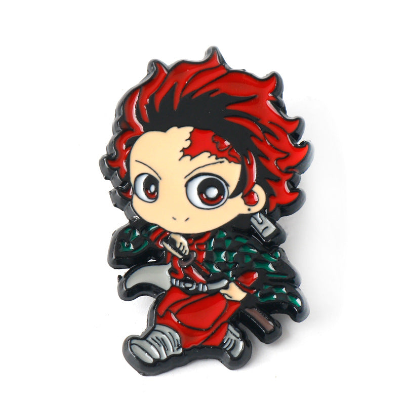 Red-haired character metal brooch pin with green-and-red outfit and sword sheath
