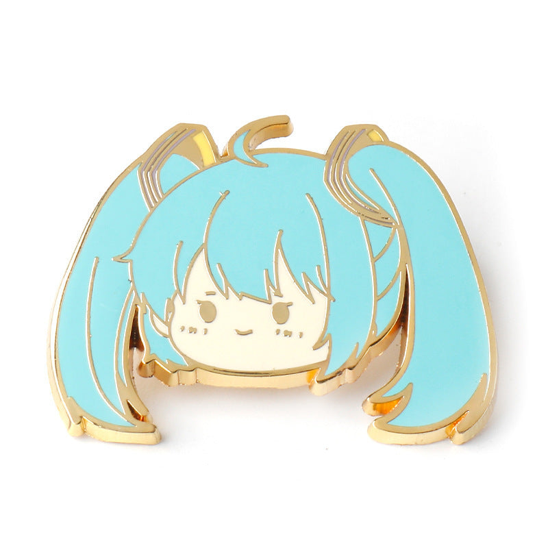 Q-version metal badge pin, light blue twin tails, cartoon character face