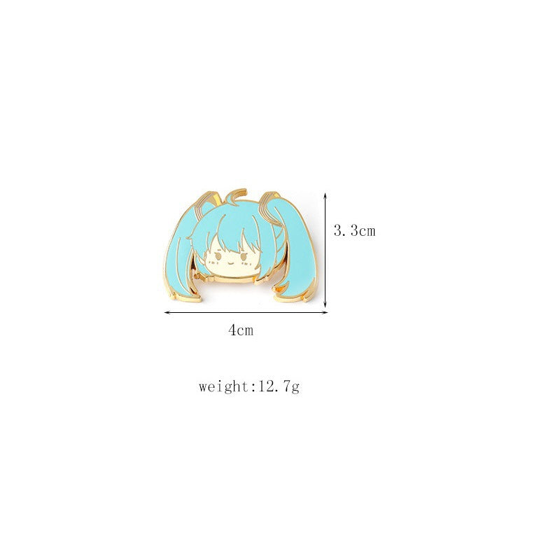 Light blue twin-tail Q-version metal badge, front view