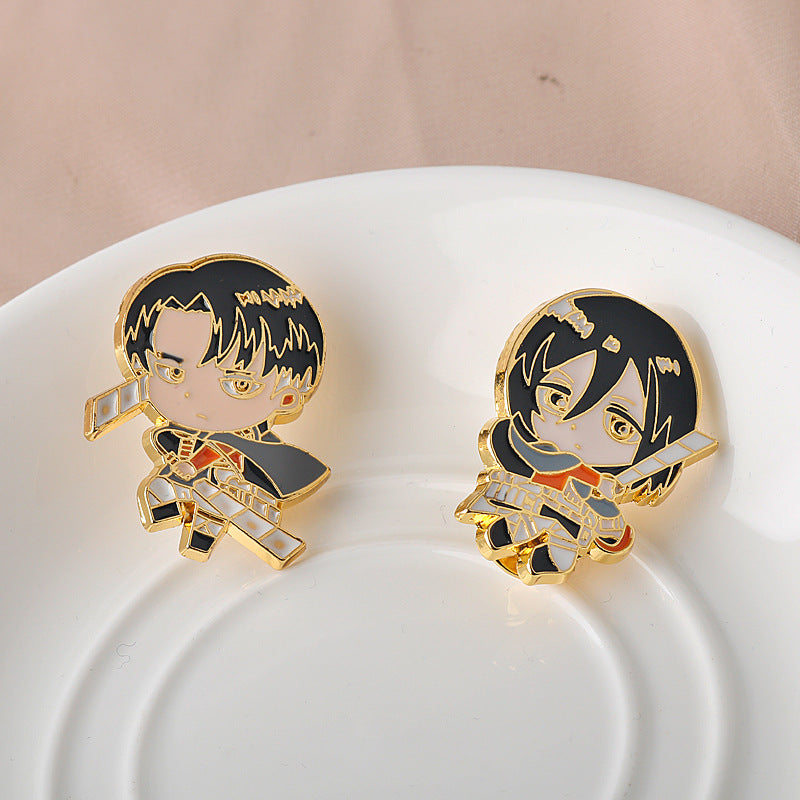 Metal brooch pin set (2): chibi Mikasa and Levi enamel character designs