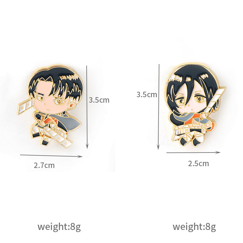 Metal brooch pin set (2), approx 3.5cm and 2.5cm, chibi character designs