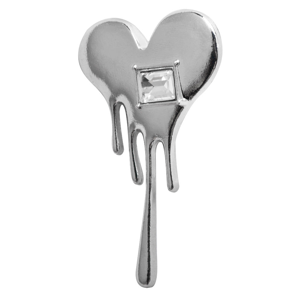 Silver heart suit brooch pin with clear square stone and three dangling drips