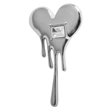 Silver heart suit brooch pin with clear square stone and three dangling drips