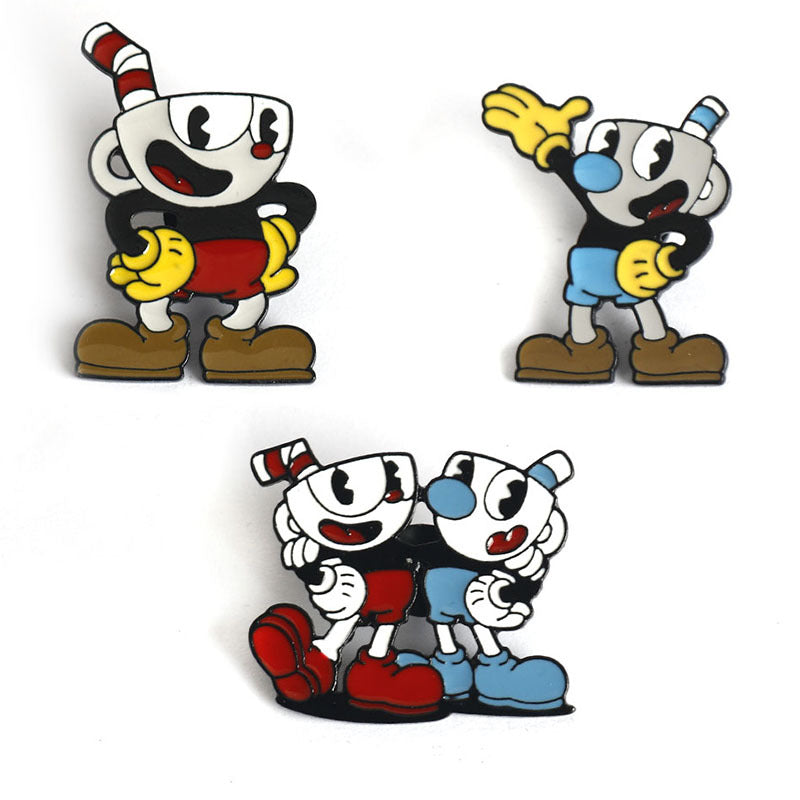 Metall-Anstecknadel-Set mit Cuphead und Mugman, 3er-Pack, bunten Figurenmotiven
