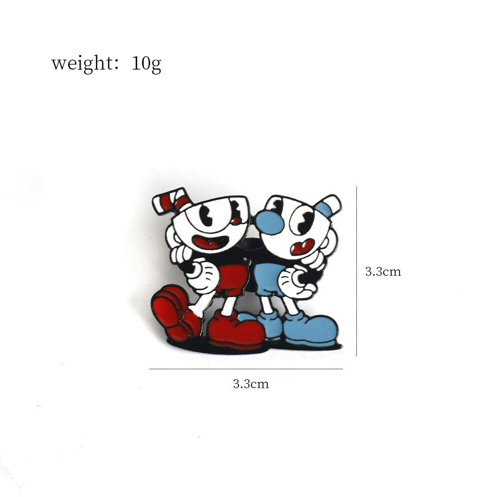 Metall-Anstecknadel mit Cuphead- und Mugman-Motiv, nebeneinander, rote und blaue Schuhe