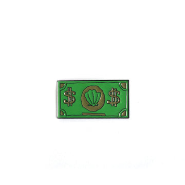 Money-themed lapel pin, green rectangle with dollar signs and a shell icon