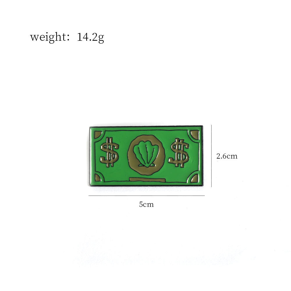 Money-themed lapel pin (5cm x 2.6cm), green rectangle with dollar signs and shell icon