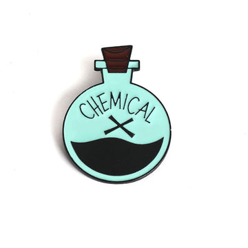 Chemical X enamel brooch pin, round teal and black graphic with clasp back