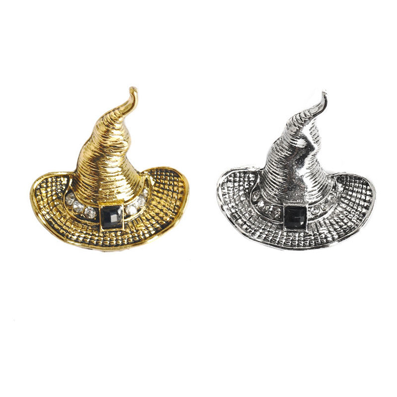 Antique gold and silver wizard hat brooch pins, 2-pack, with black gem buckle