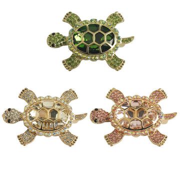 Green glitter turtle brooch with rhinestone shell and oval gem center, gold-toned pin