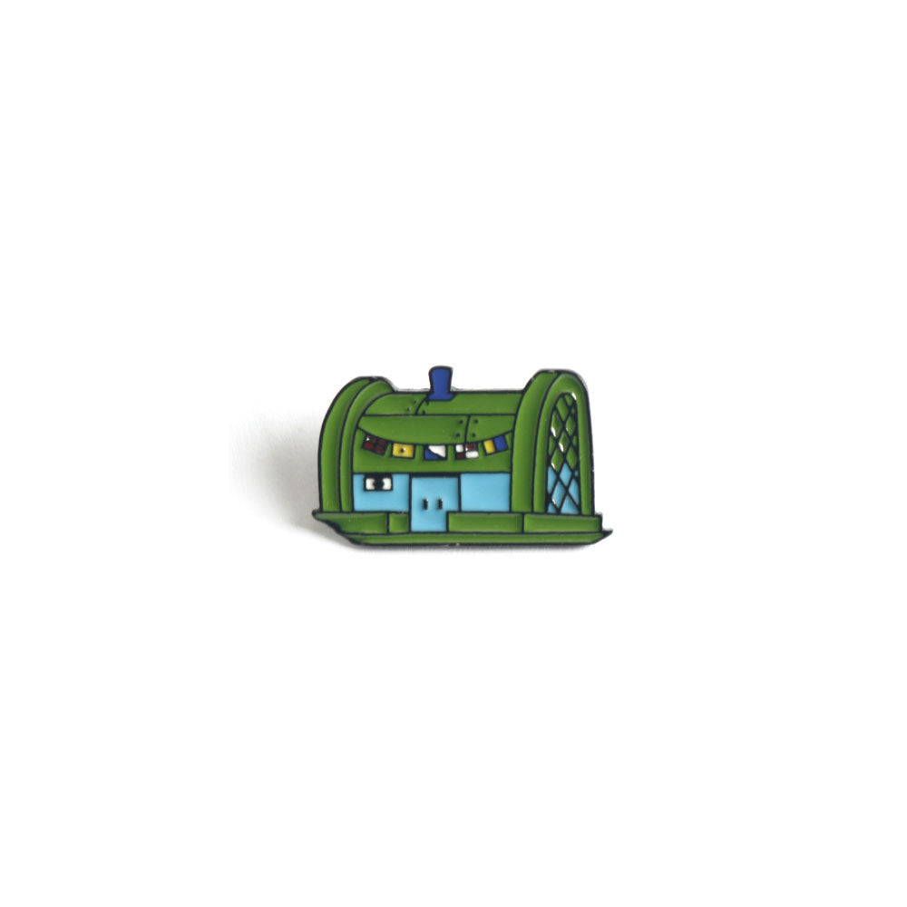 Krusty Krab metal brooch pin, green building design with blue window details