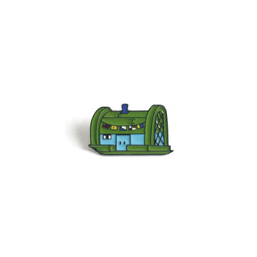Krusty Krab metal brooch pin, green building design with blue window details