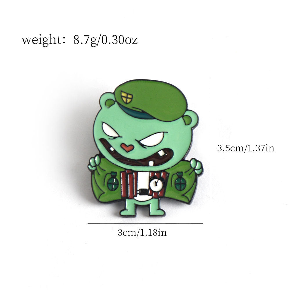 Grüner Happy Tree Friends Emaille-Pin mit Mütze, roten Akzenten und Gesicht