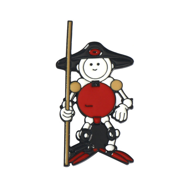 Little Brother lapel brooch pin with red shield, black hat, holding golden staff