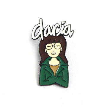Daria enamel pin: brown hair, glasses, green jacket, “Daria” script
