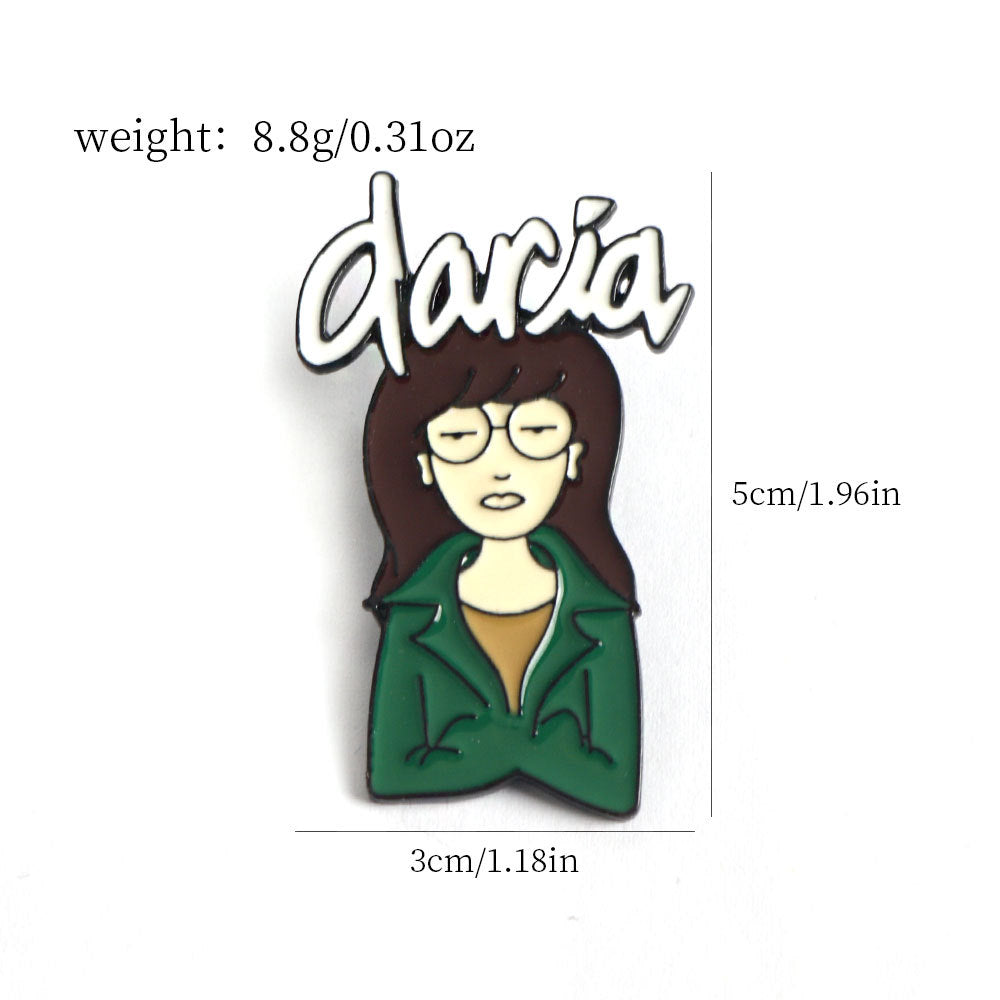 Daria enamel pin (3x5 cm): brown hair, glasses, green jacket, Daria script