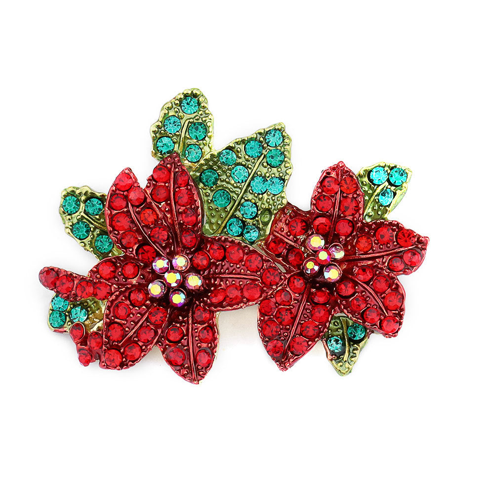 Red flower & green leaf rhinestone diamond brooch pin, 2-piece set