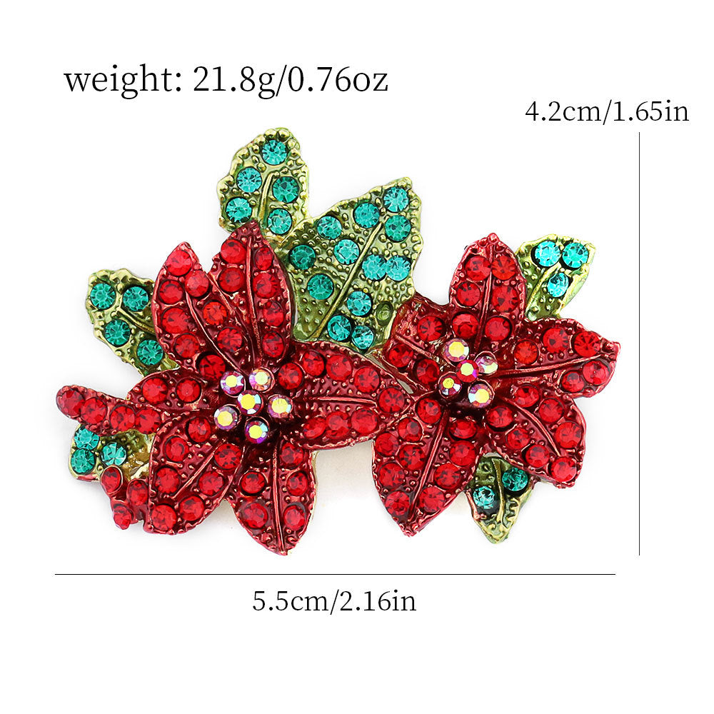 Red and green rhinestone leaf flower brooch pin, about 5.5 cm wide