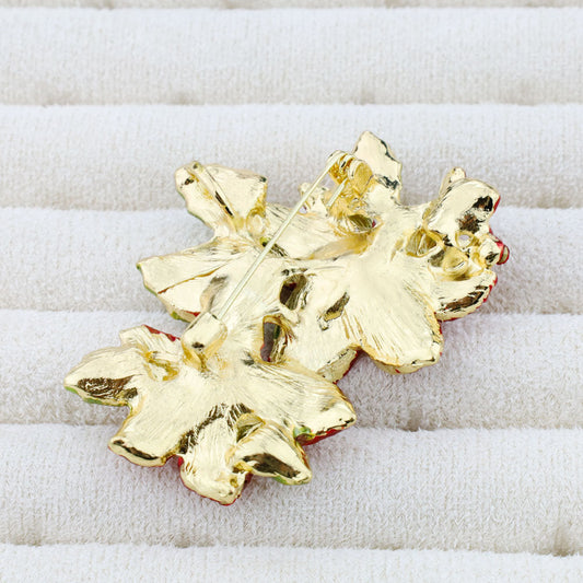 Glittering Green Leaf with Red Flower Diamond Brooch Pin 2PCS