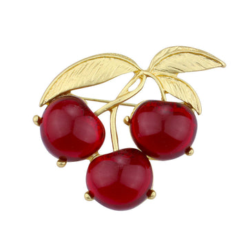 Juicy red cherry jelly brooch pin set, 2 pcs, gold-tone leaves and three cherries