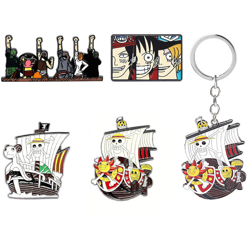 5-pack Thousand Sunny metal brooch pins: crew lineup, face panel, and ship scenes, silver clasp