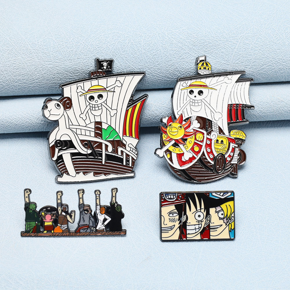 Thousand Sunny metal brooch pins set: two ship scenes and a crew lineup face panel
