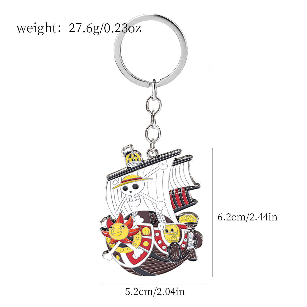 Thousand Sunny keychain metal brooch pin with ship illustration, hanging double-ring chain
