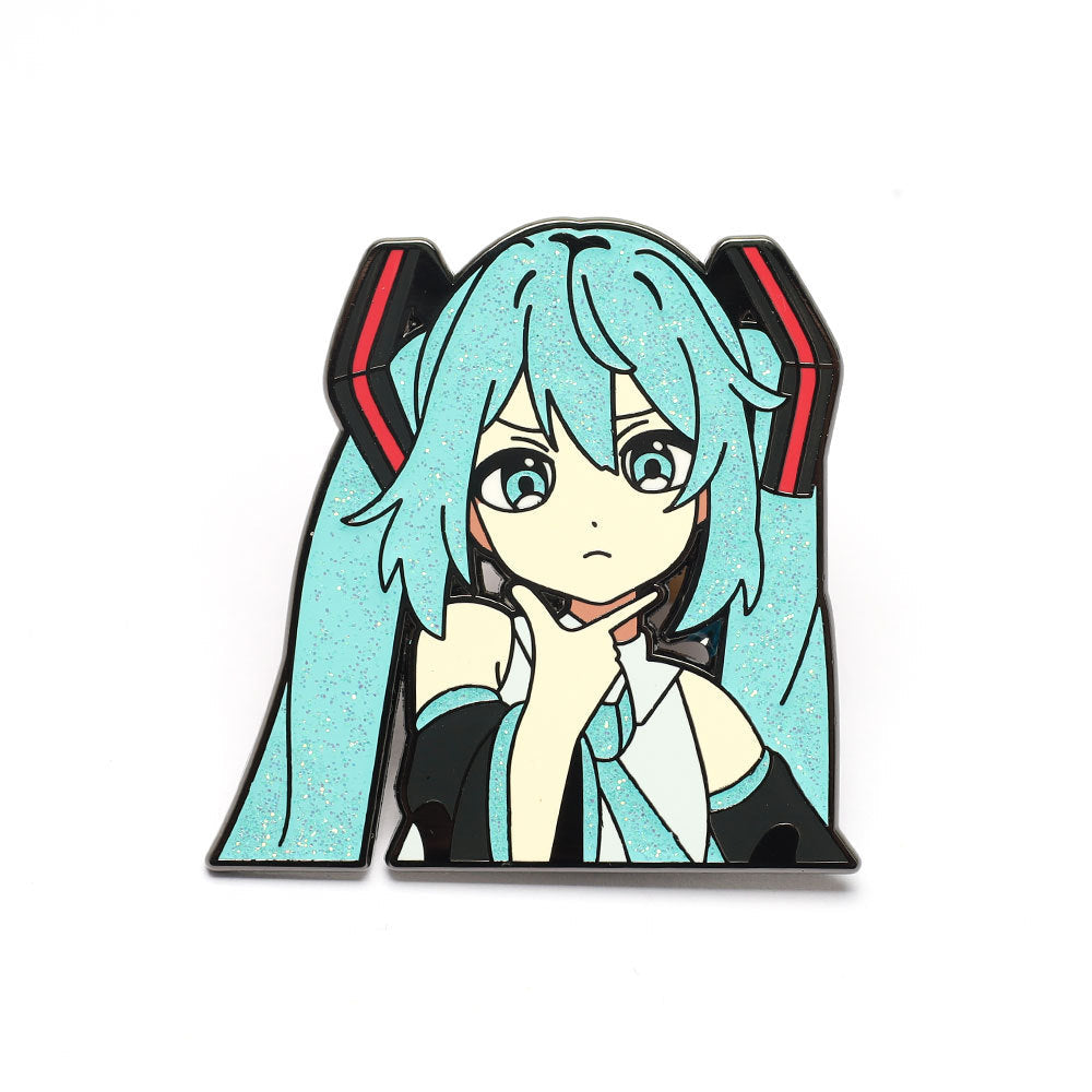 Hatsune Miku pin badge: blue twin tails, black outfit, red headphone accents