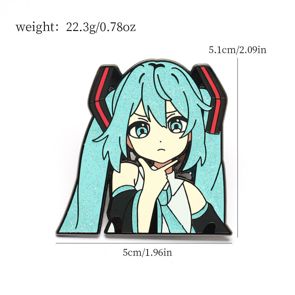 Hatsune Miku pin badge, 5cm x 5.1cm; blue hair girl illustration